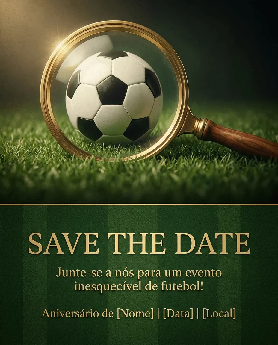 Save the date criativo com lupa destacando bola de futebol no gramado