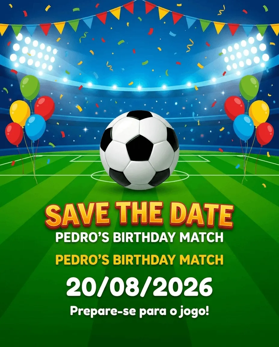 Save the date futebol simples para aniversário com bola e gramado.