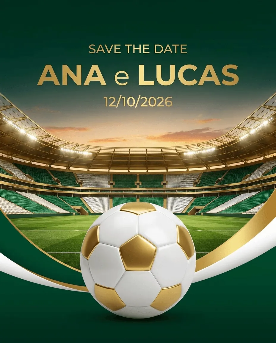 Convite save the date com tema futebol para casamento em estilo moderno.