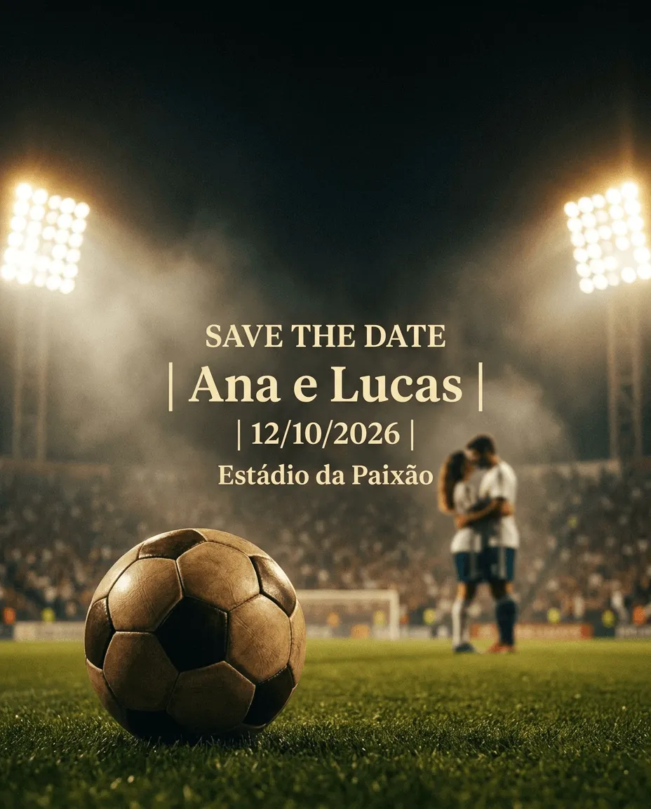 Save the date futebol cinematográfico com estádio iluminado e bola em primeiro plano