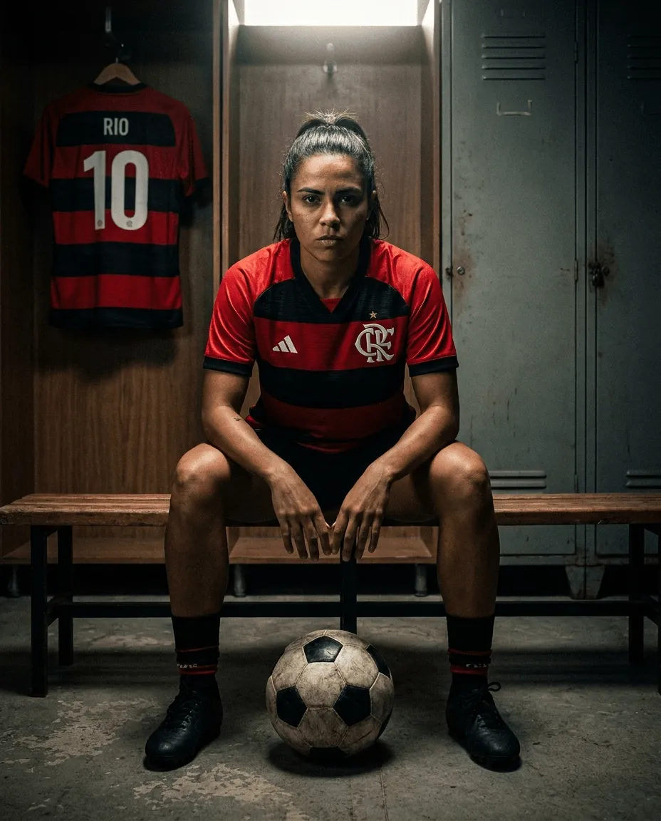 Mulher em vestiário usando camisa fictícia vermelha e preta