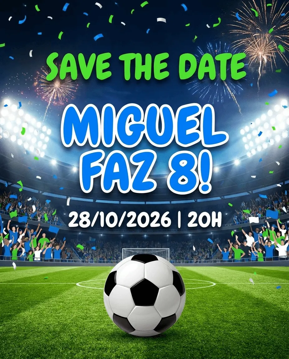 Save the date de aniversário infantil com tema futebol em estádio iluminado