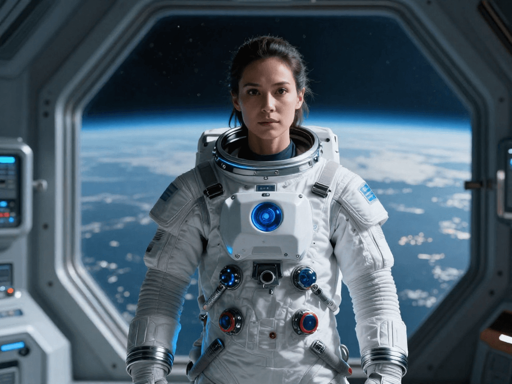 Astronauta de pie en la puerta de una nave espacial, con la Tierra al fondo.