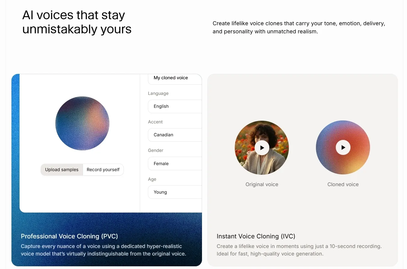 The screenshot of ElevenLabs official page.