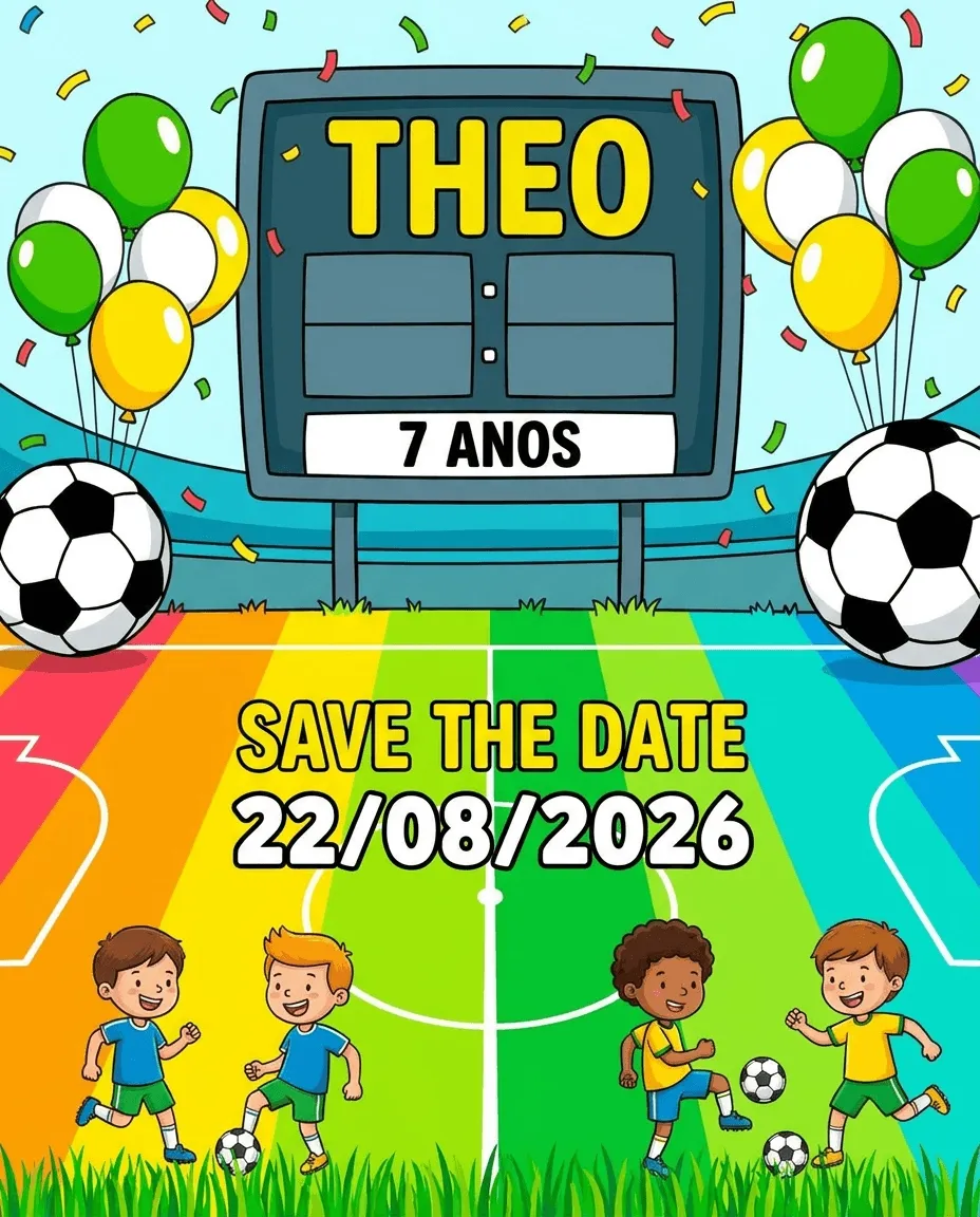 Convite save the date infantil com bola, balões e tema futebol
