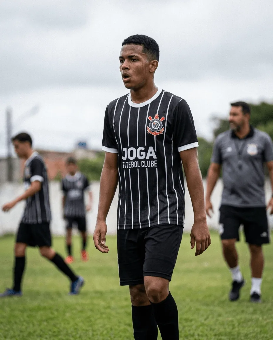 Jogador em campo usando camisa fictícia preta e branca