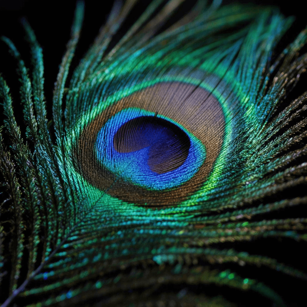 Pluma de pavo real de cerca con un vivo ocelo azul verdoso.