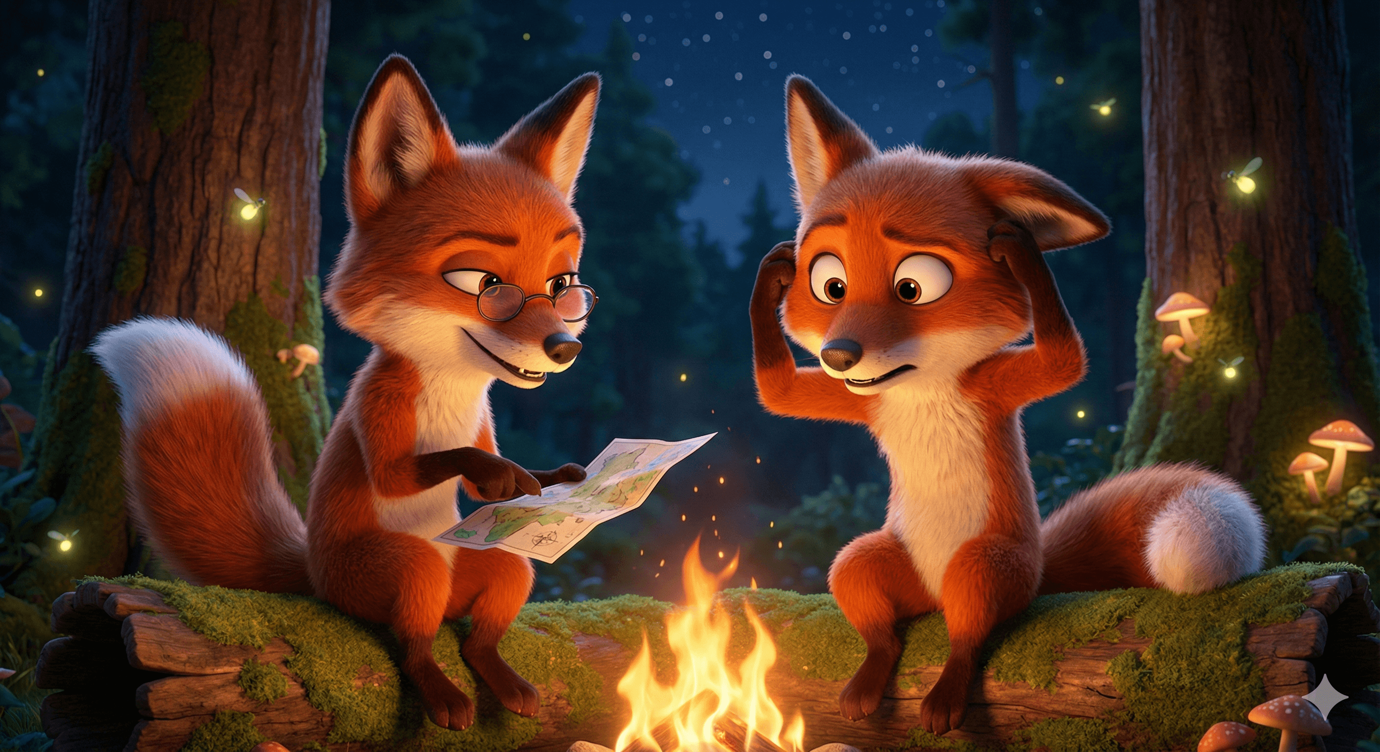 Two cartoon foxes by campfire under starry night