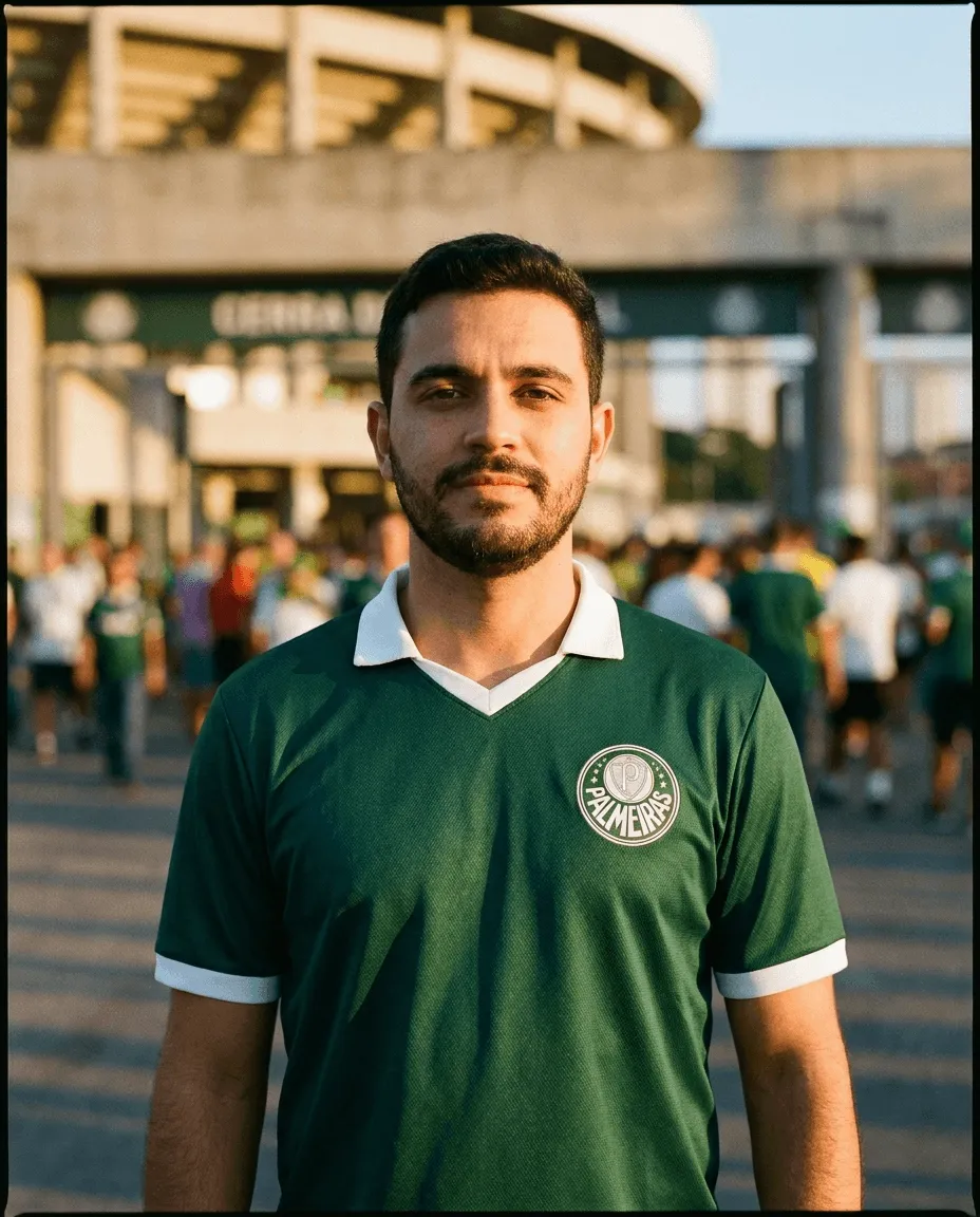 Torcedor em dia de jogo com camisa fictícia verde