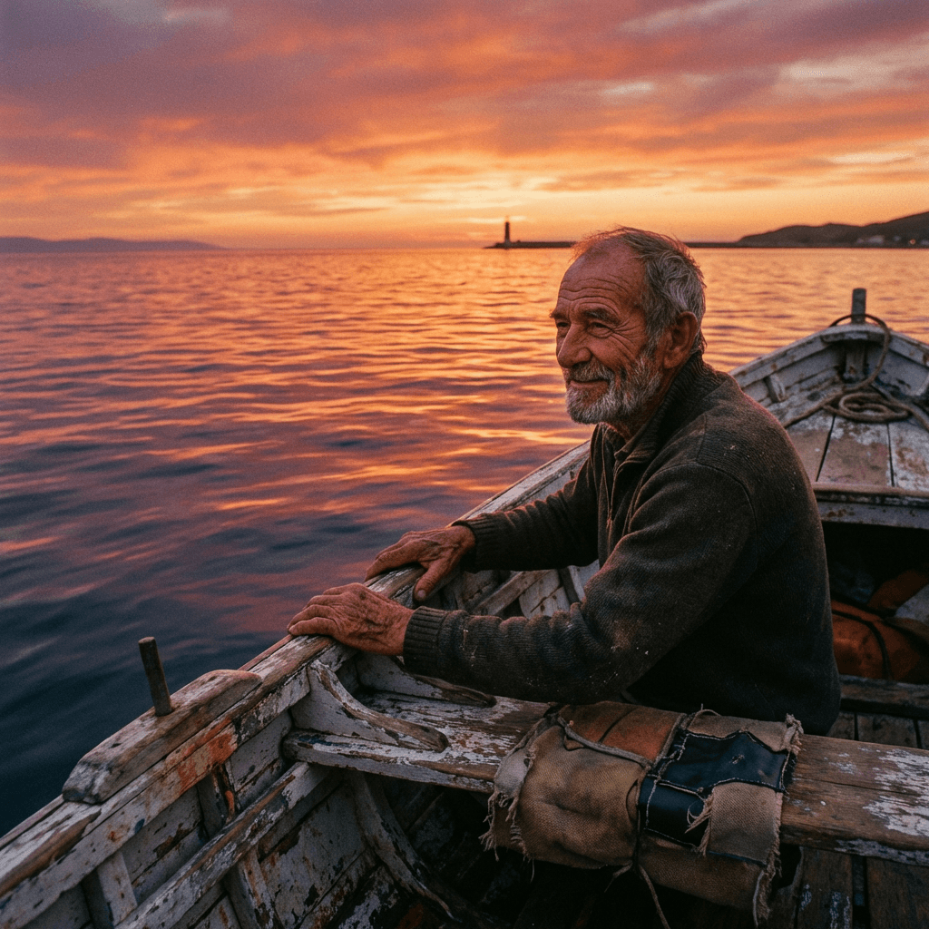 Un anciano está sentado en un barco al atardecer.