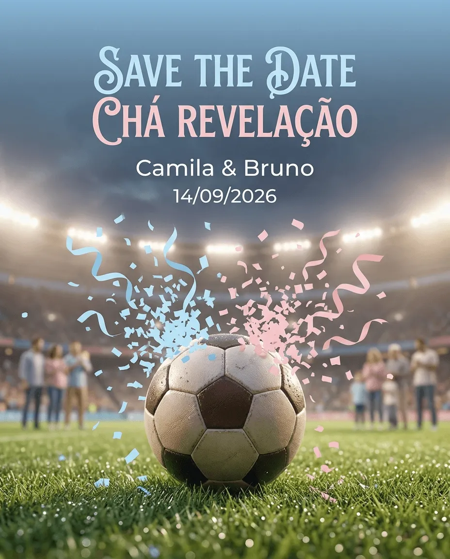 Save the date de chá revelação com bola de futebol e detalhes azul e rosa