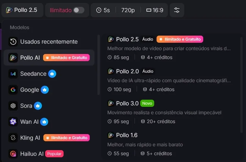 seleção de modelos de IA para gerar vídeo de futebol com o Pollo AI
