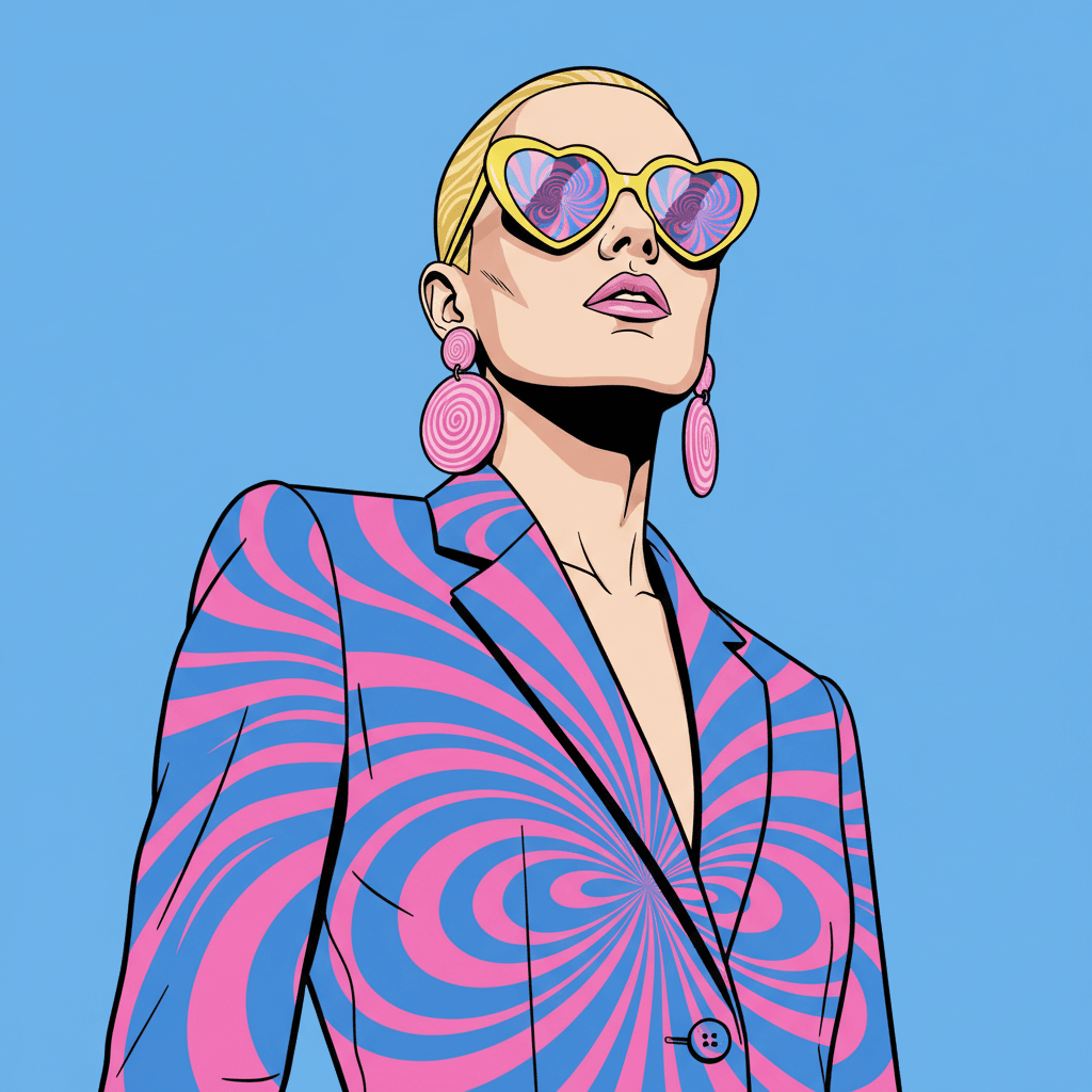Stylized portrait in pink suit on blue background.