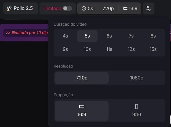 configurações de duração resolução e proporção com o Pollo AI