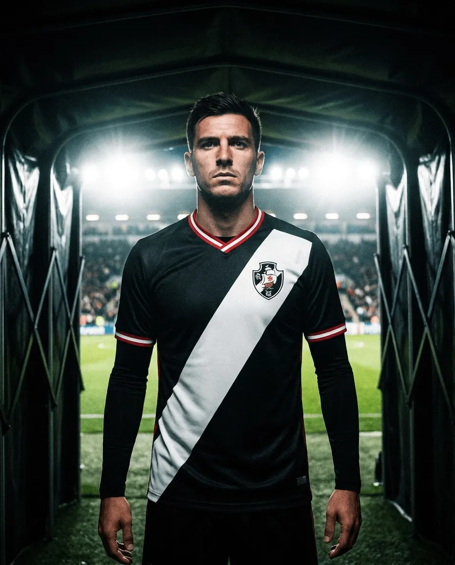 Jogador no túnel com camisa fictícia preta e faixa diagonal