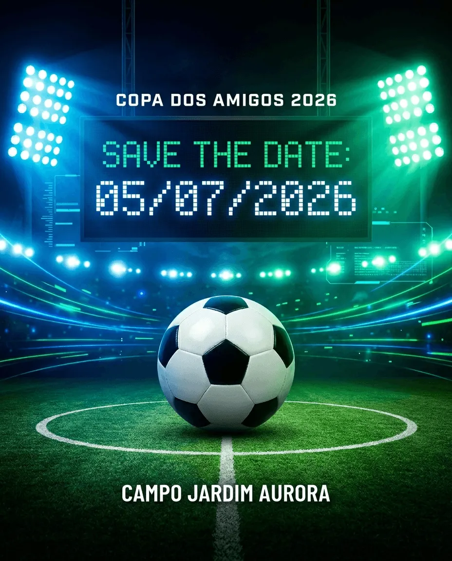 Save the date para campeonato de futebol entre amigos em campo noturno