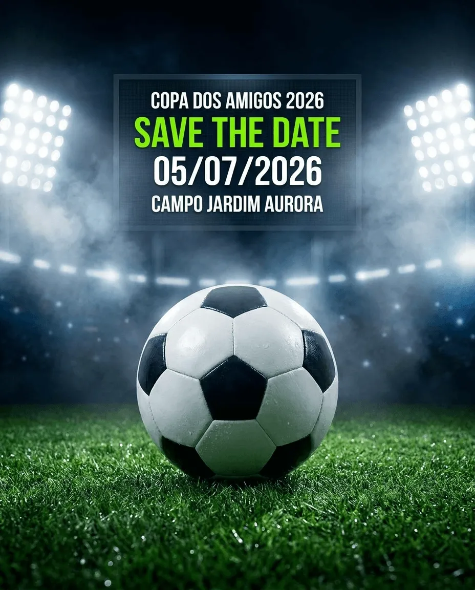 Convite save the date de futebol com placar e gramado realista