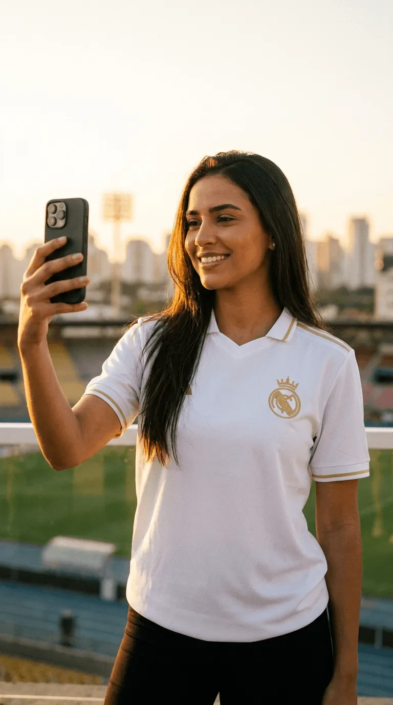 Torcedora em estádio com camisa branca premium