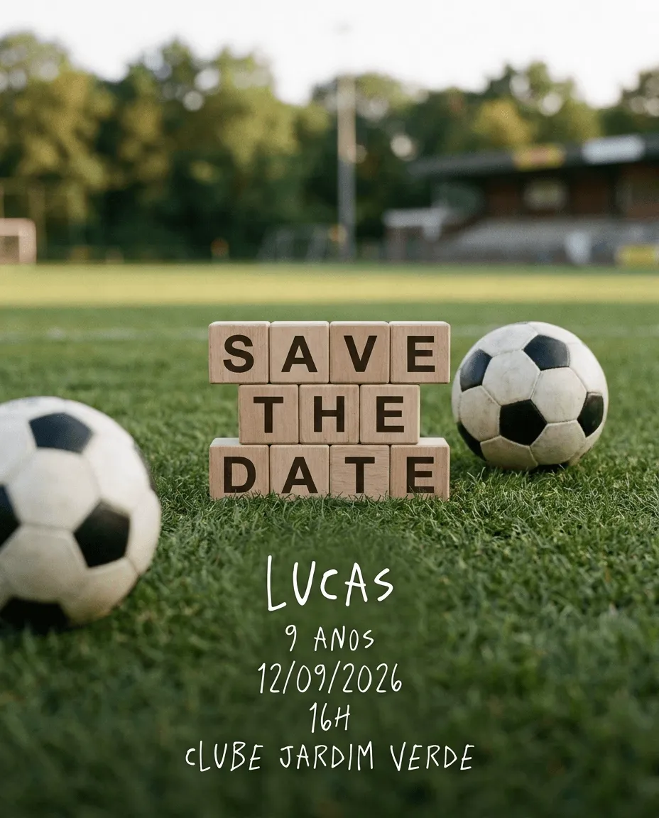 Save the date futebol artesanal com cubos de madeira e bolas no gramado
