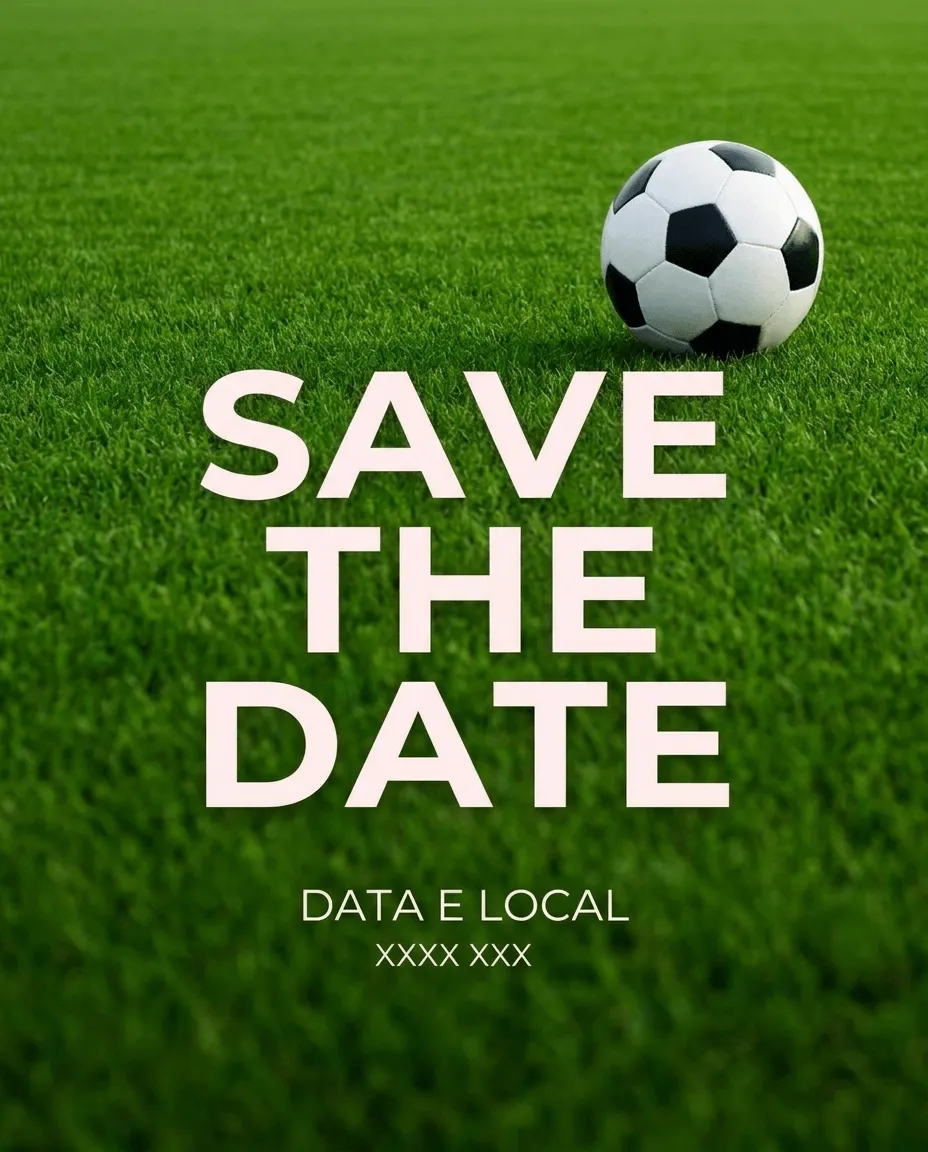 Save the date futebol minimalista com bola preta e branca sobre gramado