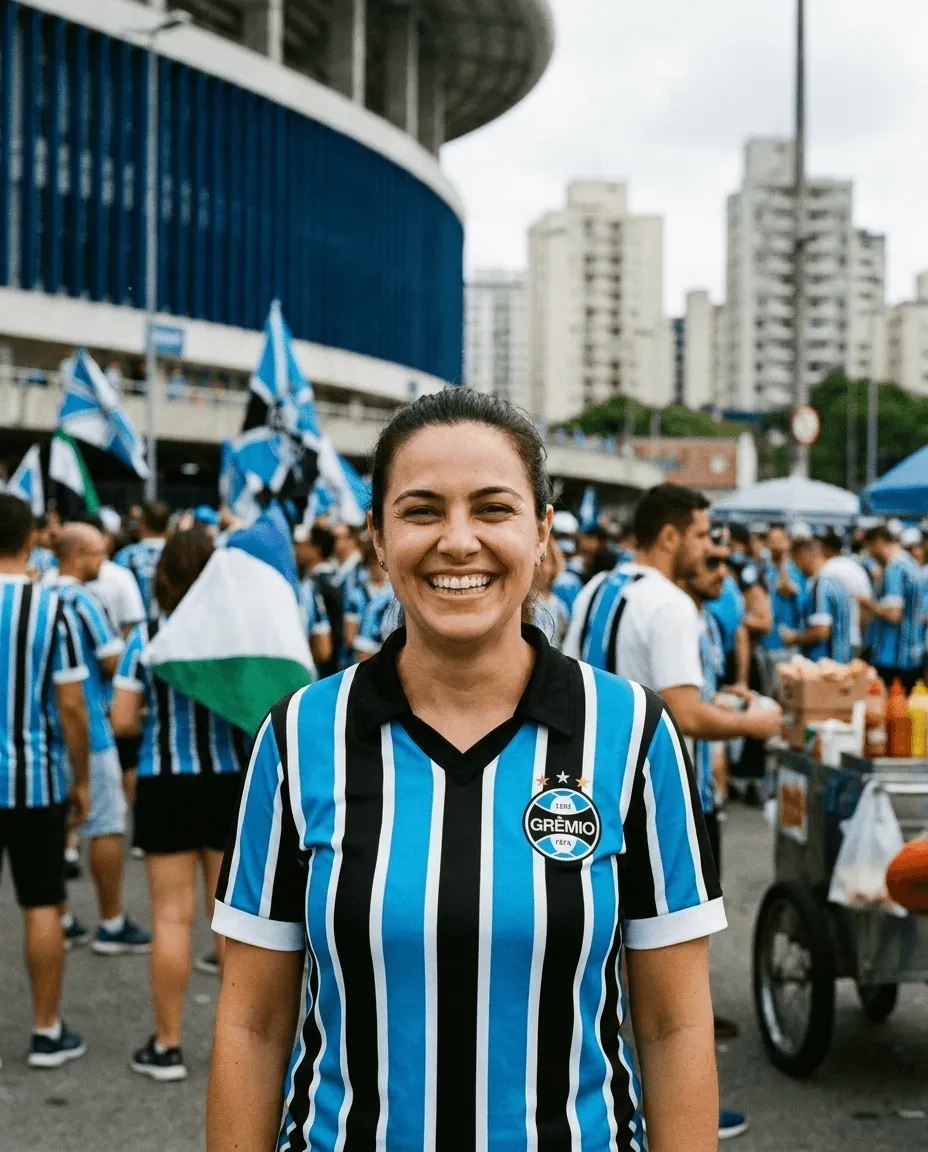 Torcedora sorrindo com camisa fictícia azul, preta e branca