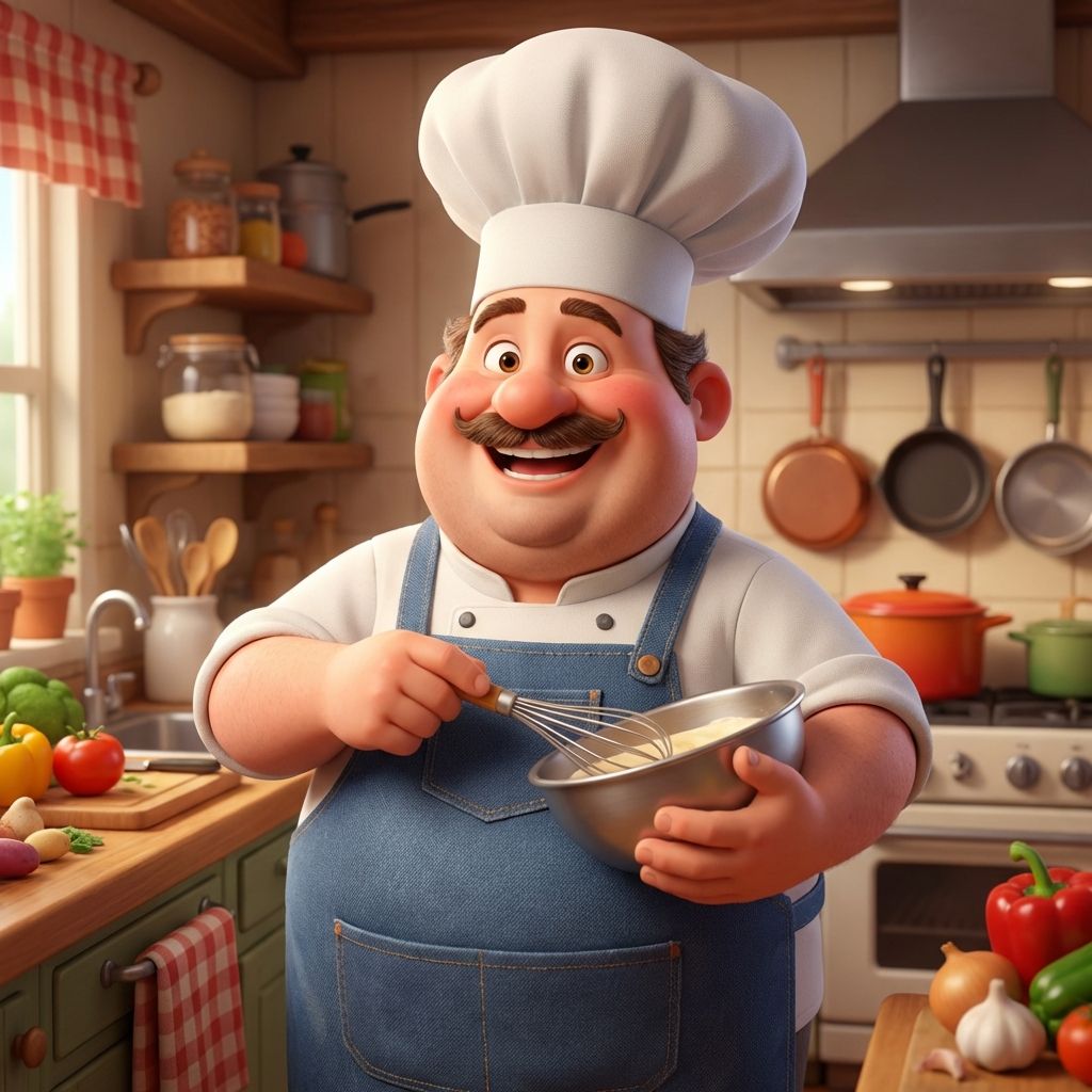 a picture contains a chef wearing a blue apron and a white hat.