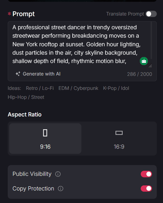 enter prompts to generate dance videos
