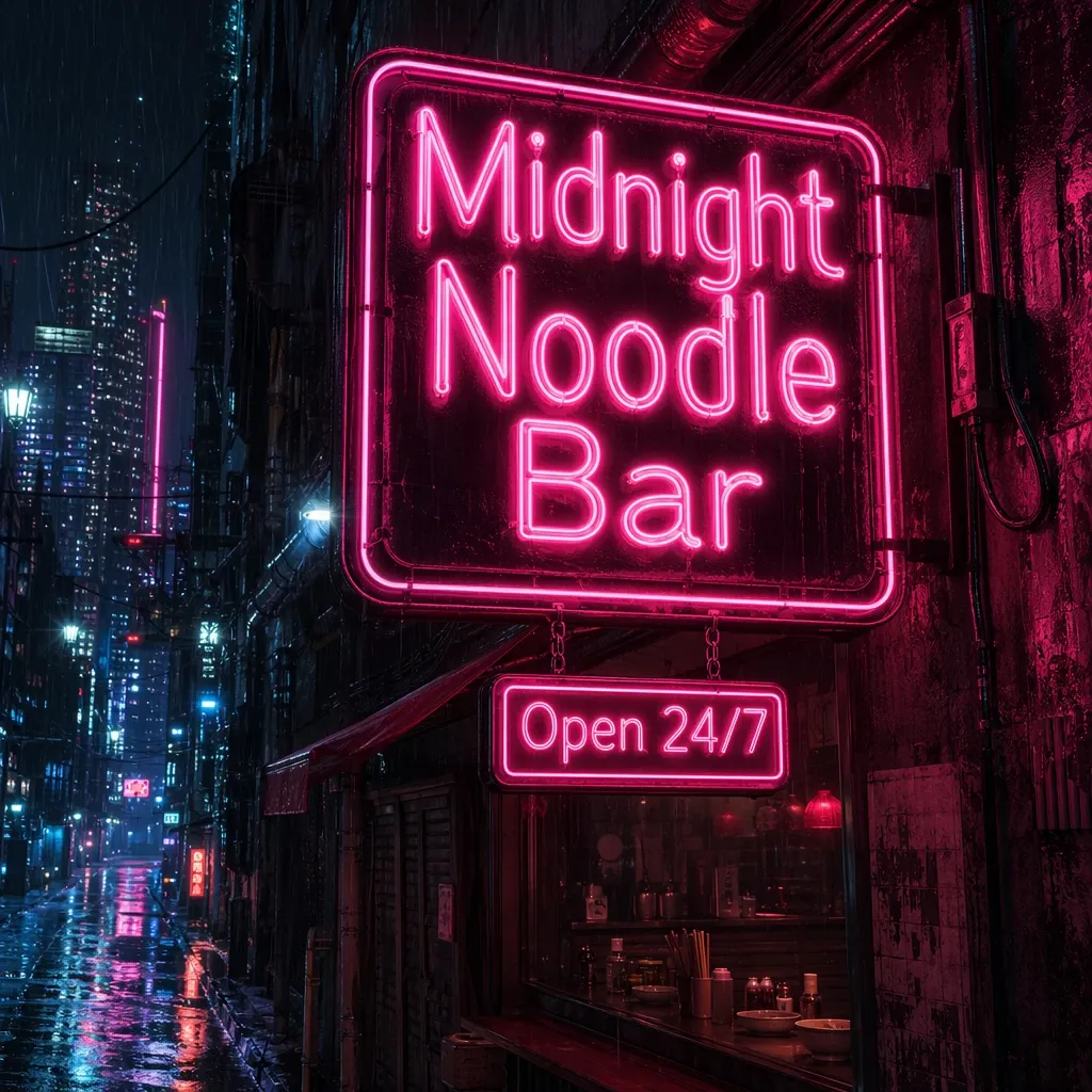 un letrero de neón de un bar de fideos 24/7
