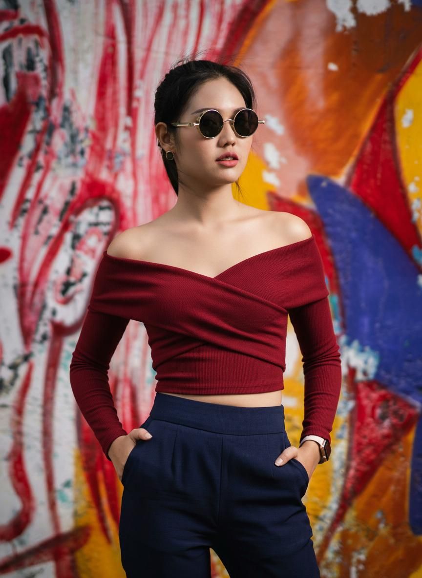 girl with red top and blue pants
