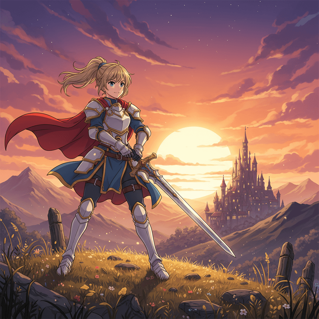 Caballero de anime, vista del castillo al atardecer.