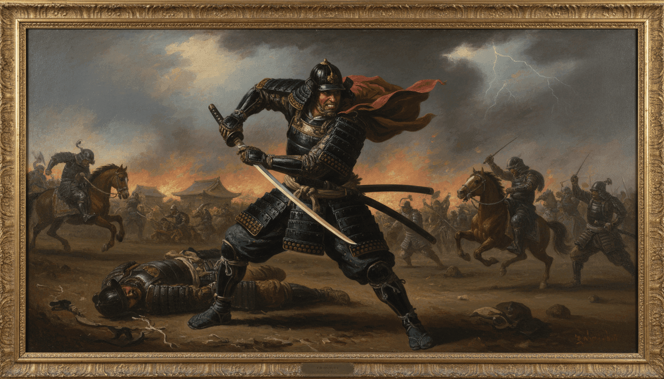 A dramatic oil painting of a samurai