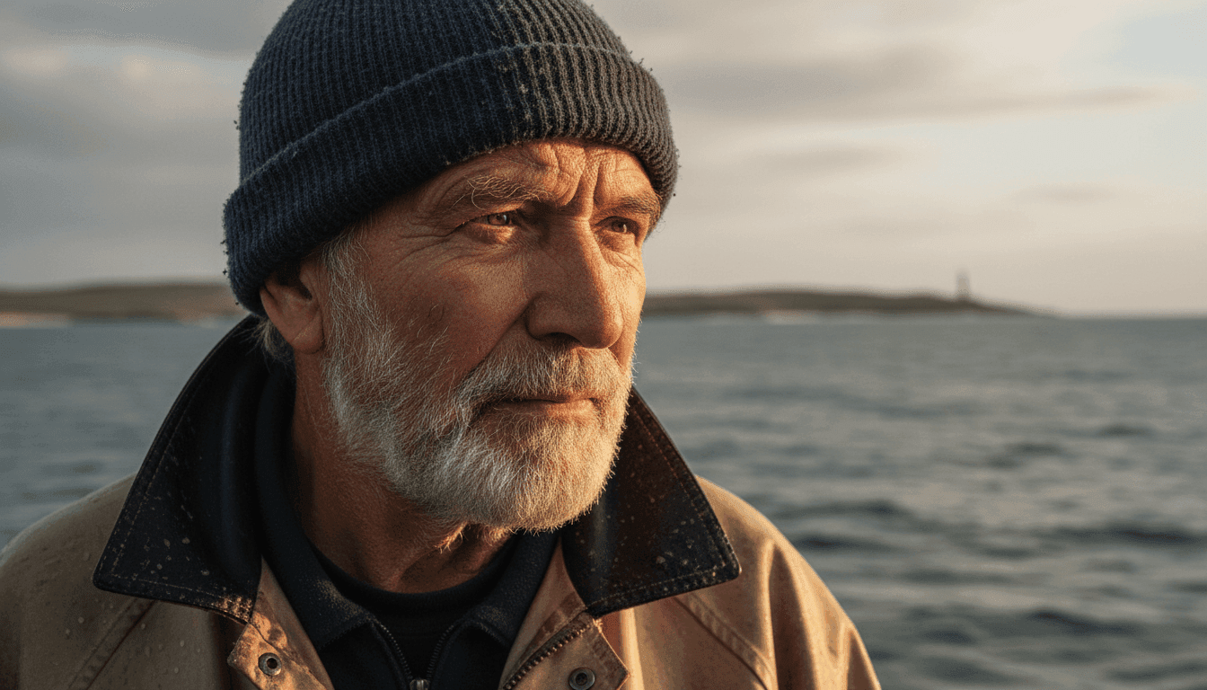 A close-up portrait of an elderly fisherman looking out at the sea