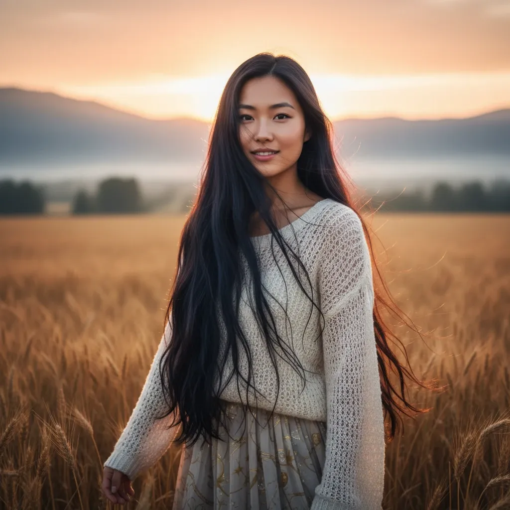 A smiling woman with long black hair standing in a wheat field at sunset
