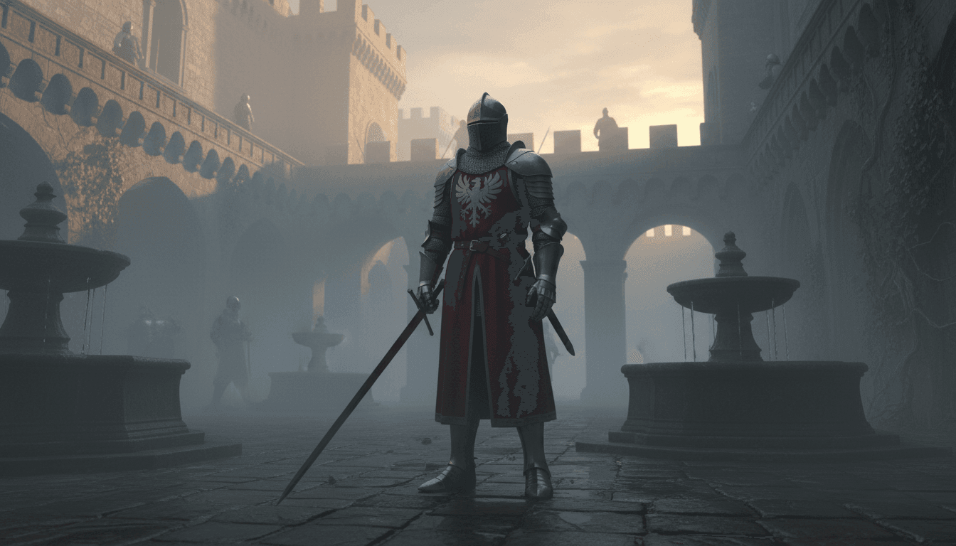 A knight standing in a misty medieval courtyard at dawn