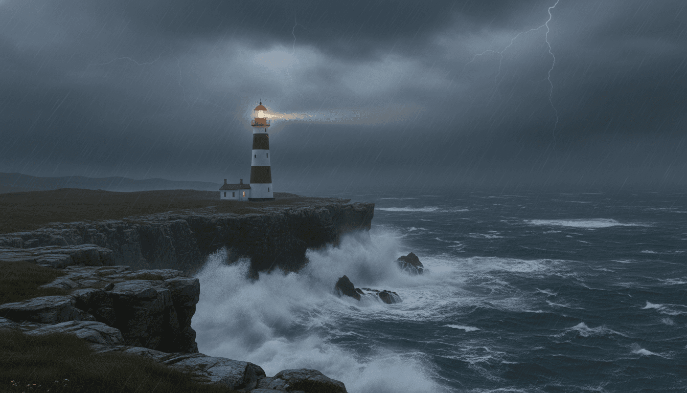 A lone lighthouse on a stormy cliff