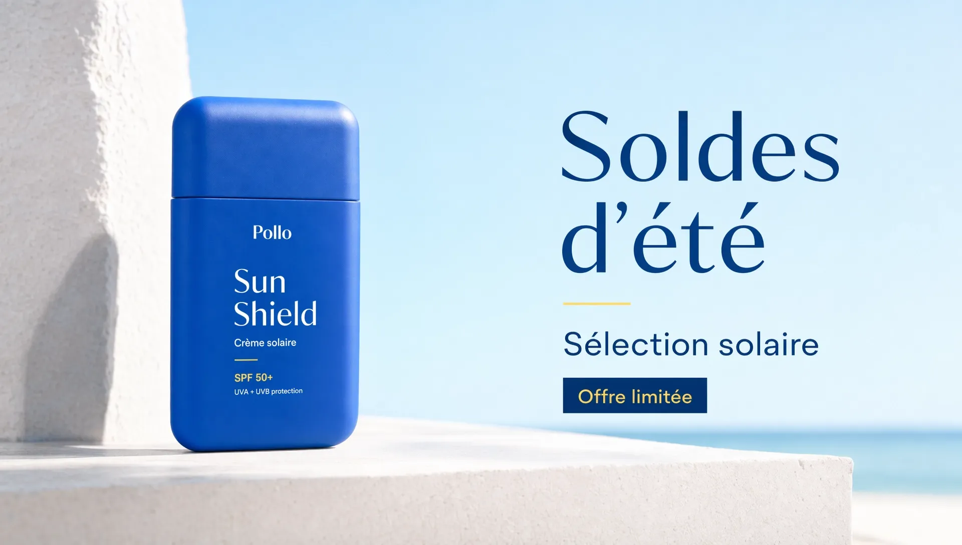 Visuel promotionnel généré avec l’IA pour une crème solaire Pollo Sun Shield pendant les soldes d’été