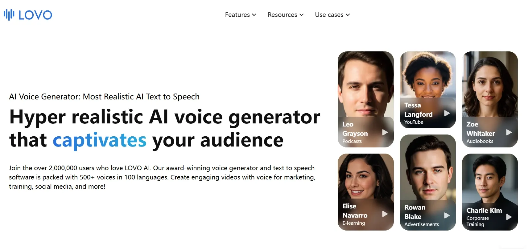 A promotional image for Lovo's AI voice generator featuring diverse voice actors.