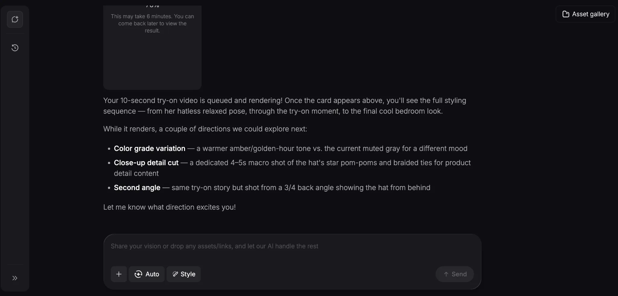 A rendering queue for a 10-second try-on video with styling suggestions.