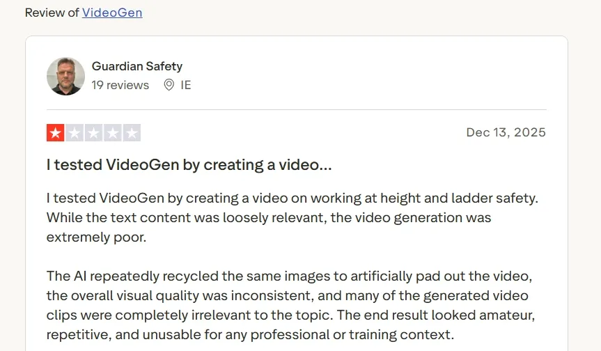 对 VideoGen 的评测指出其视频质量差、相关性低。