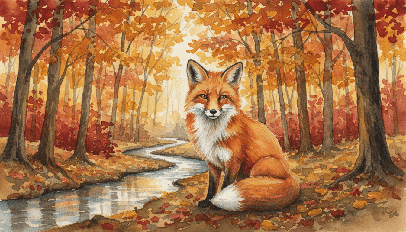 A watercolor painting of a fox sitting in an autumn forest