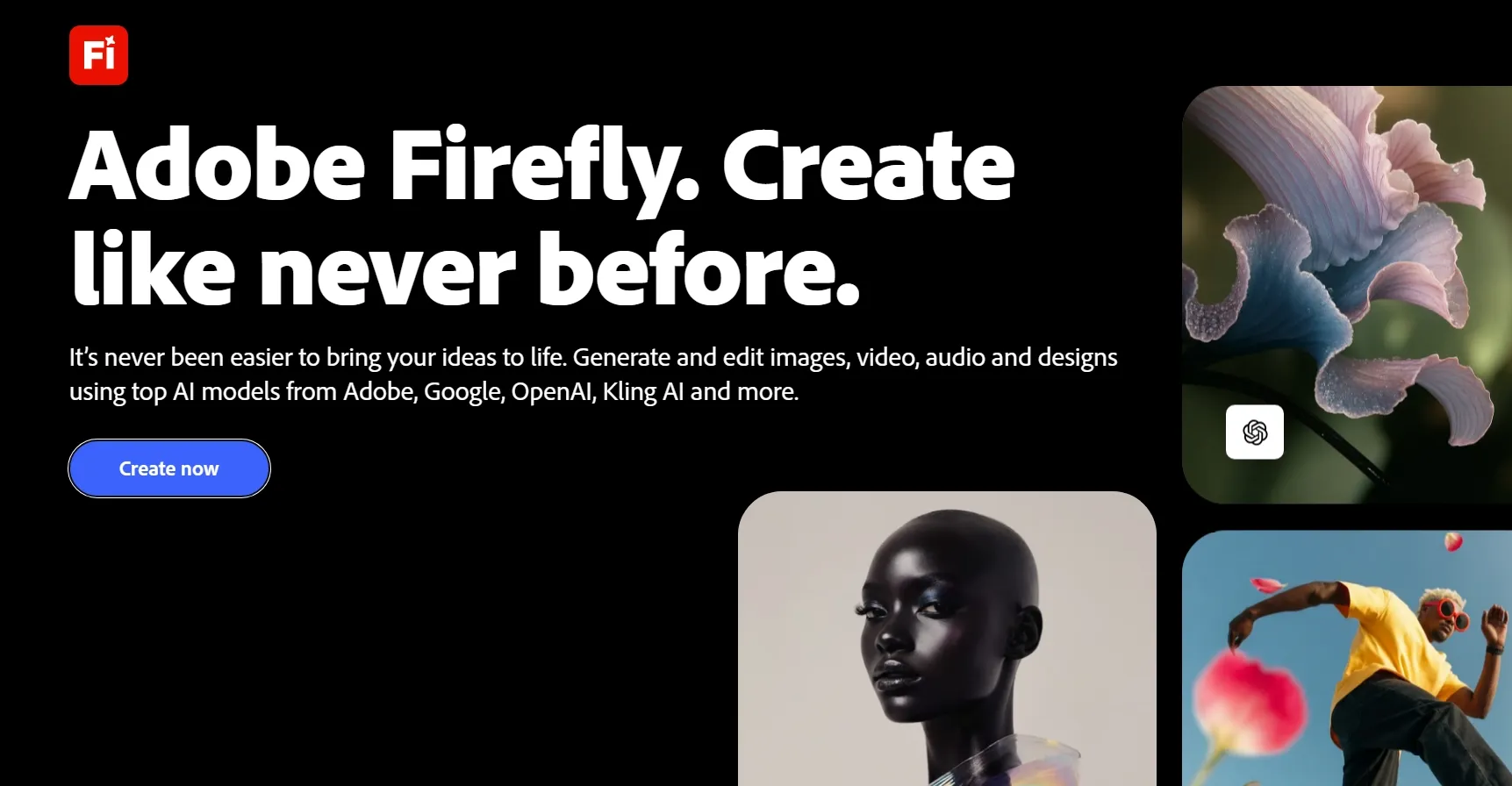 Adobe Firefly homepage for creating and editing AI images video