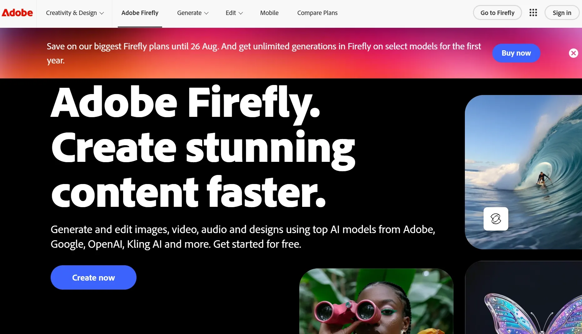 Adobe Firefly homepage showing AI creative tools and generated visuals