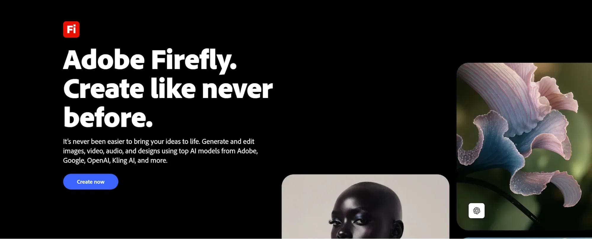 Adobe Firefly homepage for AI image, video, audio creation