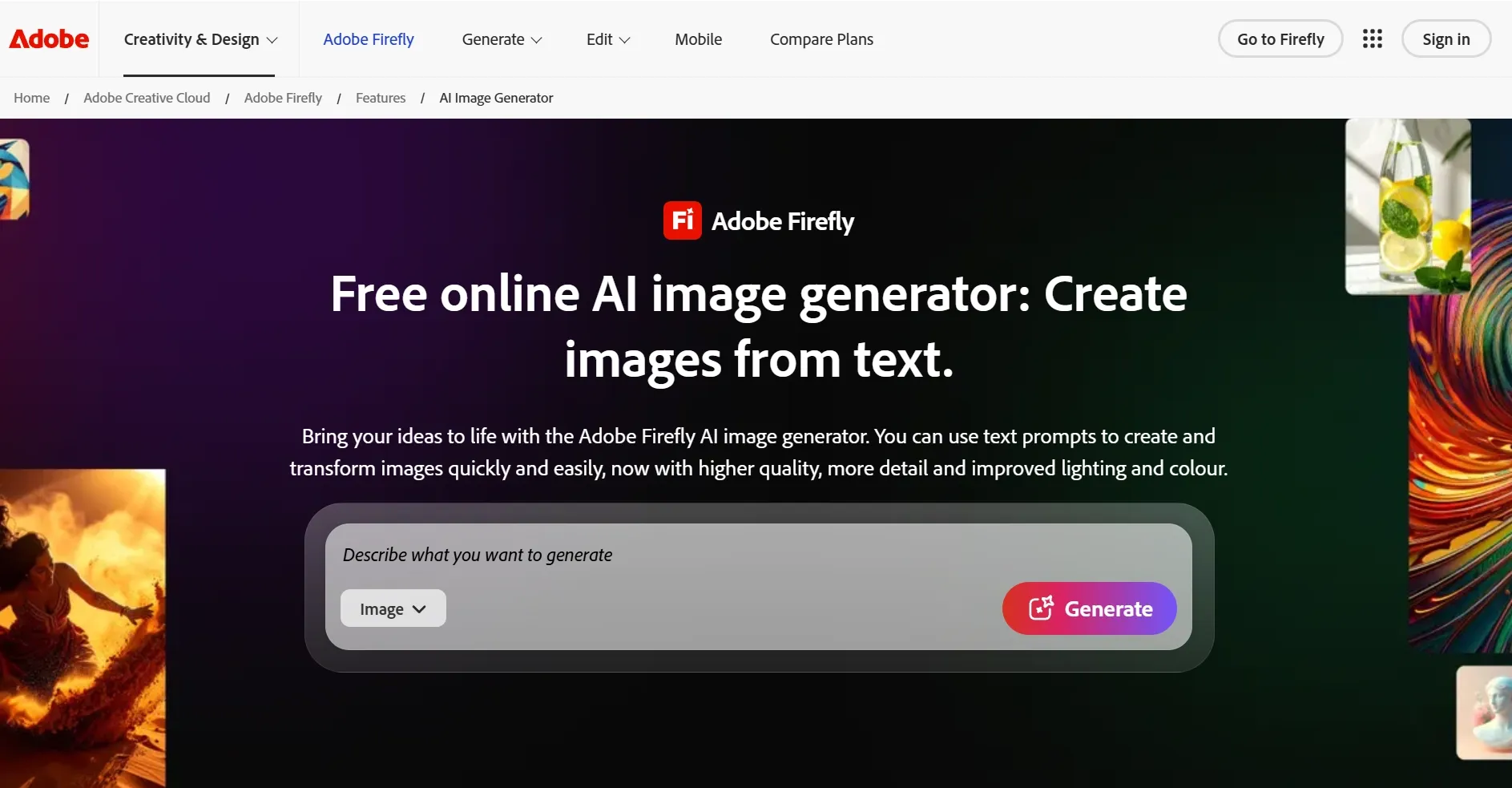 Adobe Firefly homepage showing a text-to-image AI image generator