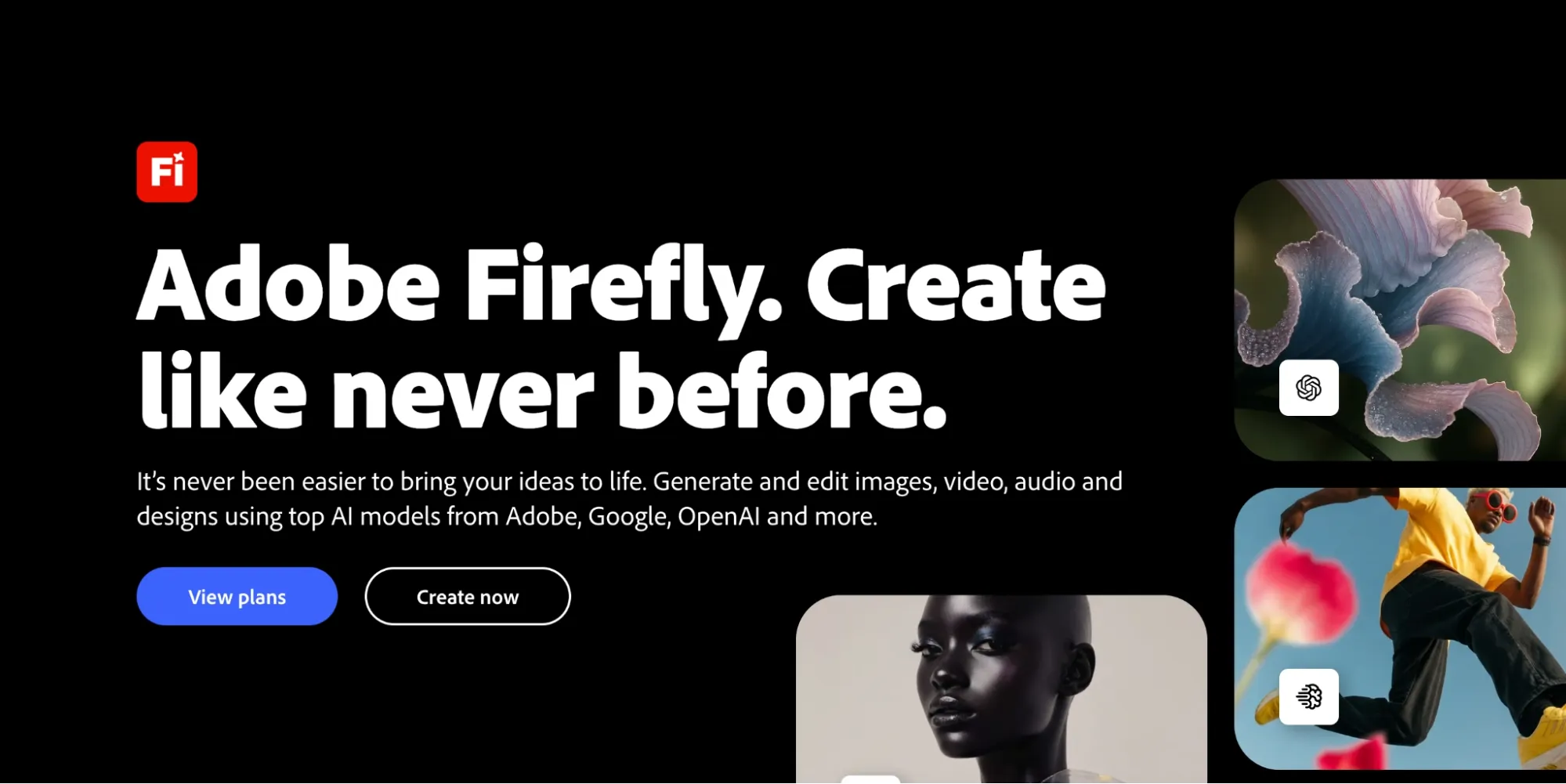 Adobe Firefly homepage featuring AI image video and design tools