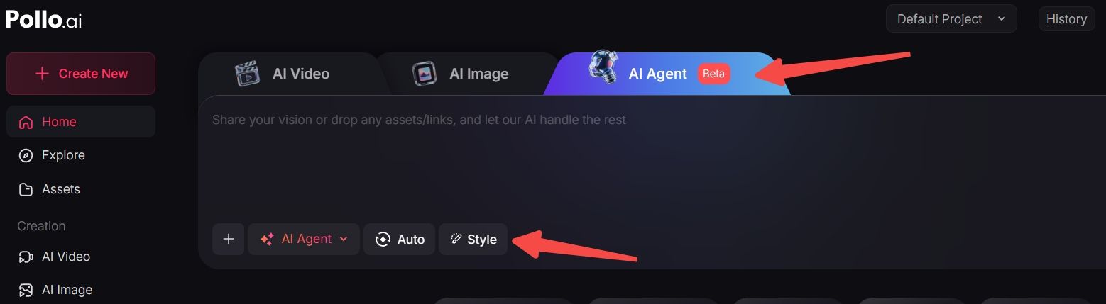 Antarmuka alat AI yang menampilkan mode agen dan opsi pemilihan gaya.