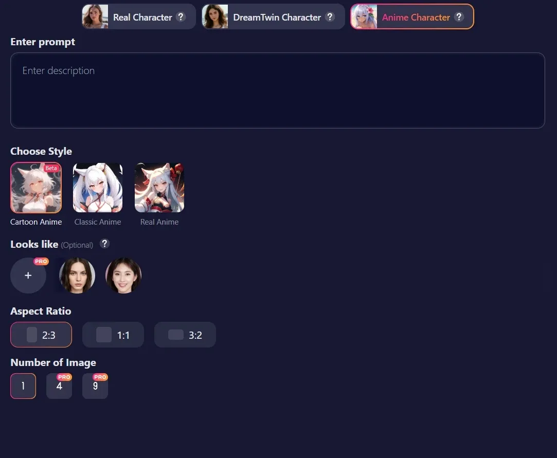 AI anime character generator panel with anime style templates, reference images and ratio settings