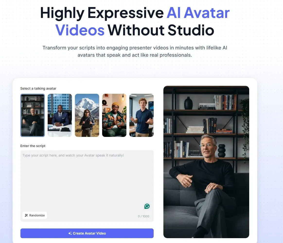 Web interface for creating highly expressive AI talking avatar videos with script input and avatar selection