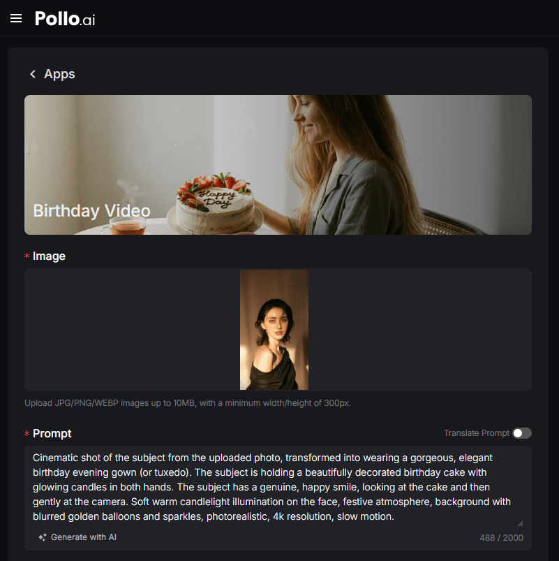 AI birthday video generator interface with photo upload section and birthday video prompt input field