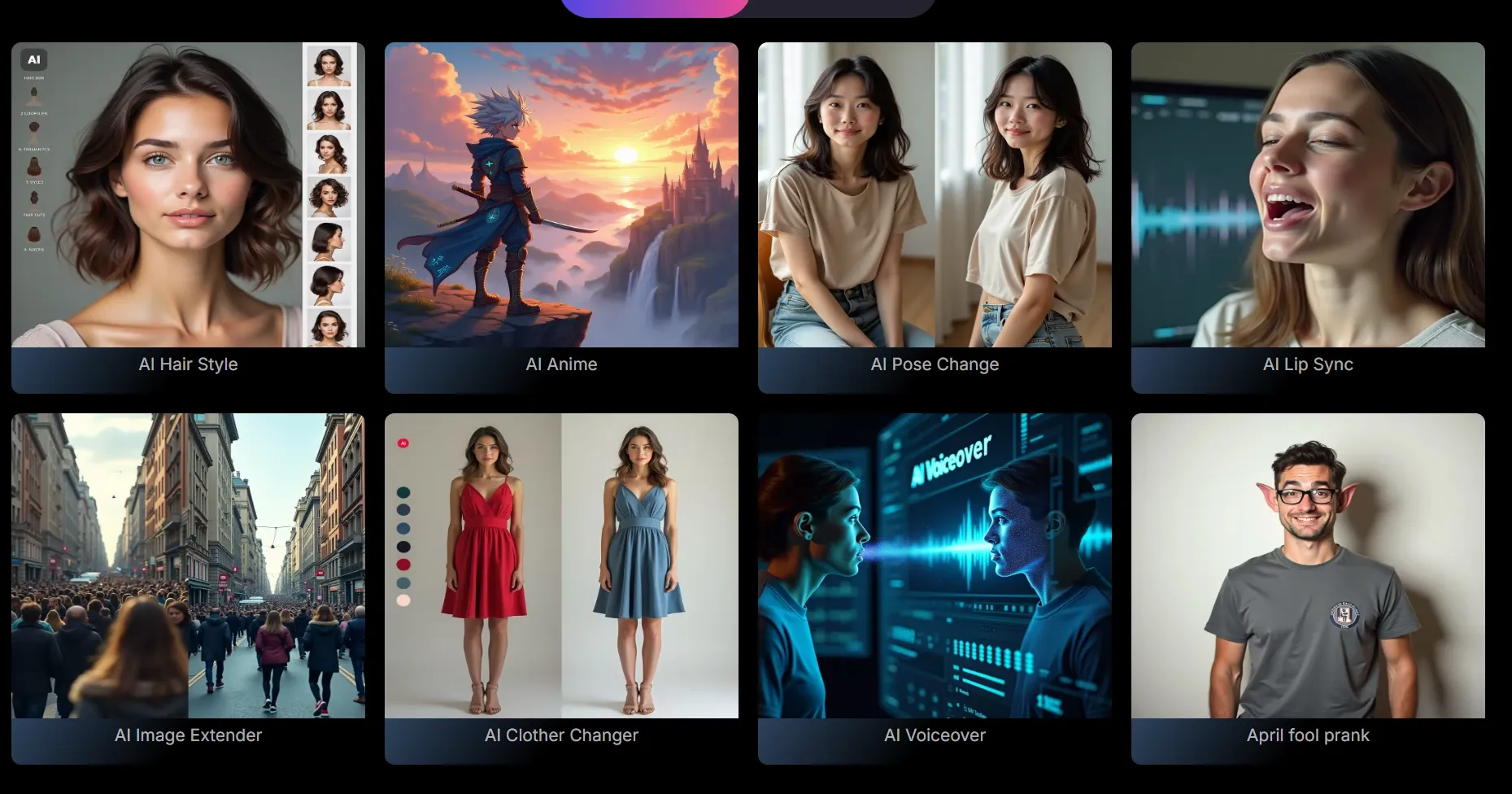 Un'interfaccia a griglia che mostra una varietà di strumenti di elaborazione creativa AI, con otto miniature ed etichette per applicazioni come AI Hair Style, conversione AI Anime, AI Pose Change, AI Clother Changer, AI Image Extender e AI Voiceover